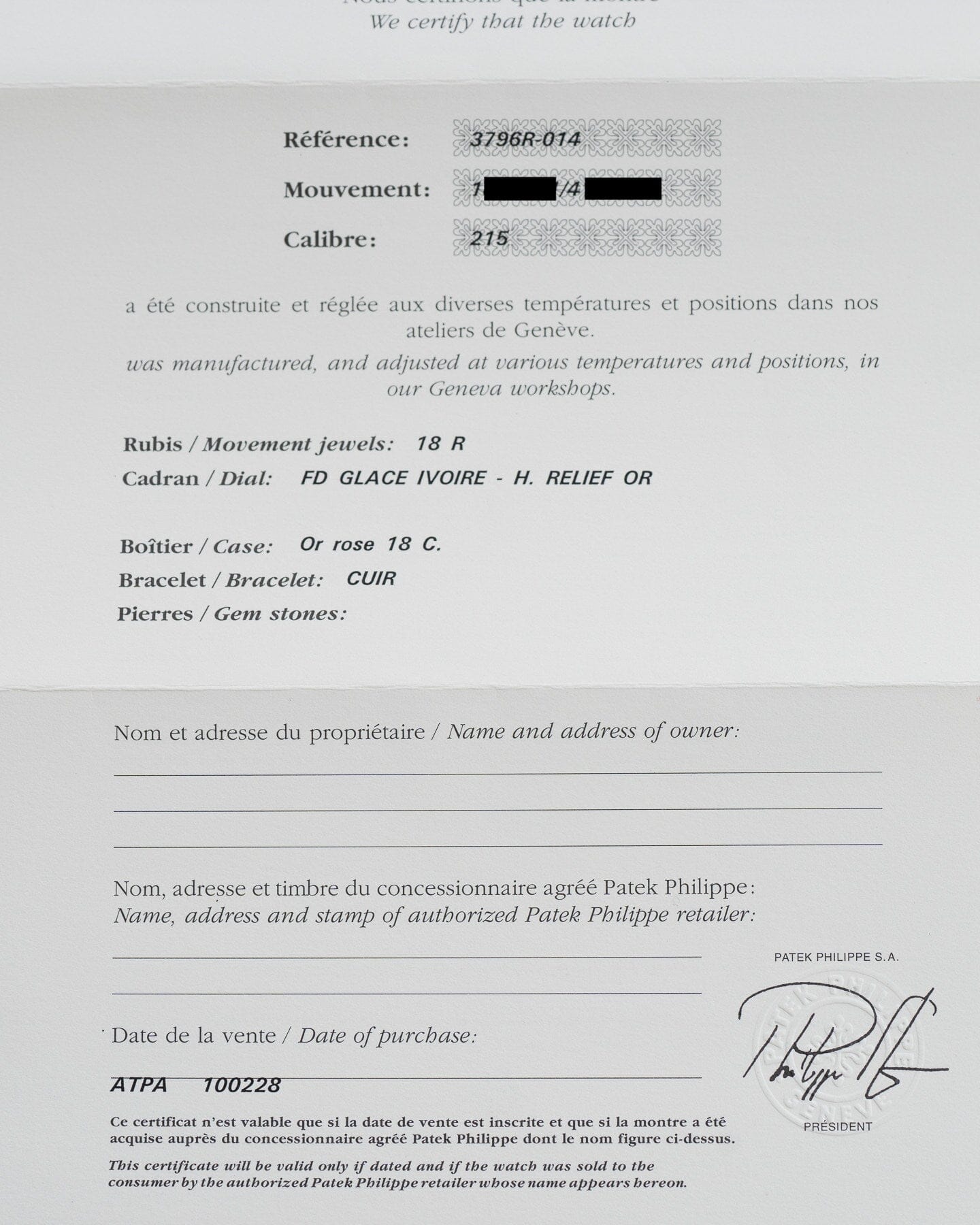 Patek Philippe カラトラバ 3796R 箱保証書付き Watch PATEK PHILIPPE